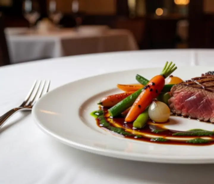 Artystycznie podane dania degustacyjne szefa kuchni w eleganckiej restauracji.