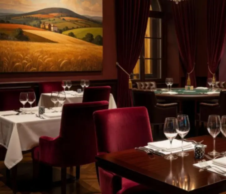 Elegancka sala restauracyjna z nakrytymi stołami, światłem świec i luksusowymi detalami