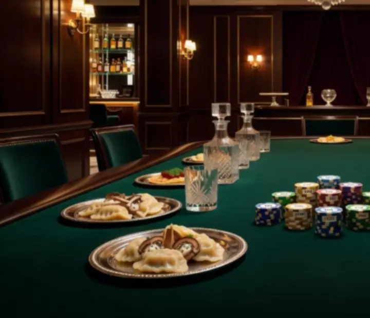 Elegancko zaaranżowany stół pokerowy z symbolicznymi żetonami w restauracji