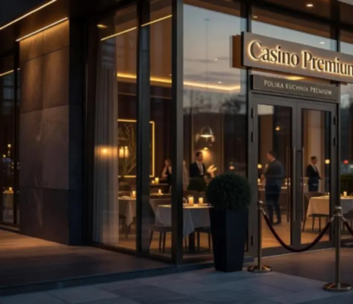 Elewacja restauracji Nova Kravento oświetlona wieczornym, ciepłym światłem