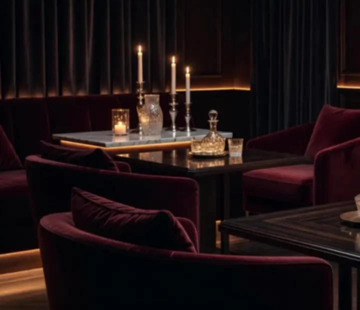Cinematiczne ujęcie eleganckiej VIP Lounge z nastrojowym oświetleniem i nakrytym stołem