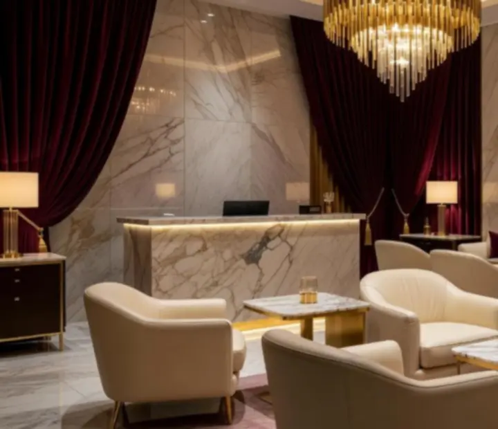 Designerskie wnętrze VIP Lounge z nowoczesnym oświetleniem i eleganckimi materiałami